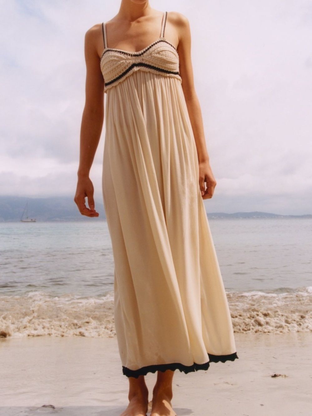 Zara Ecru Crochet Knit Maxi Dress Babydoll Silhouette Black Trim Size M Rare - Picture 1 of 11